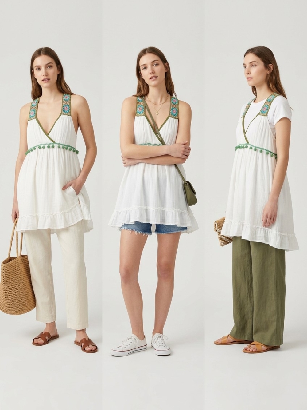 White Embroidered Strap Babydoll Tunic with Green Trim